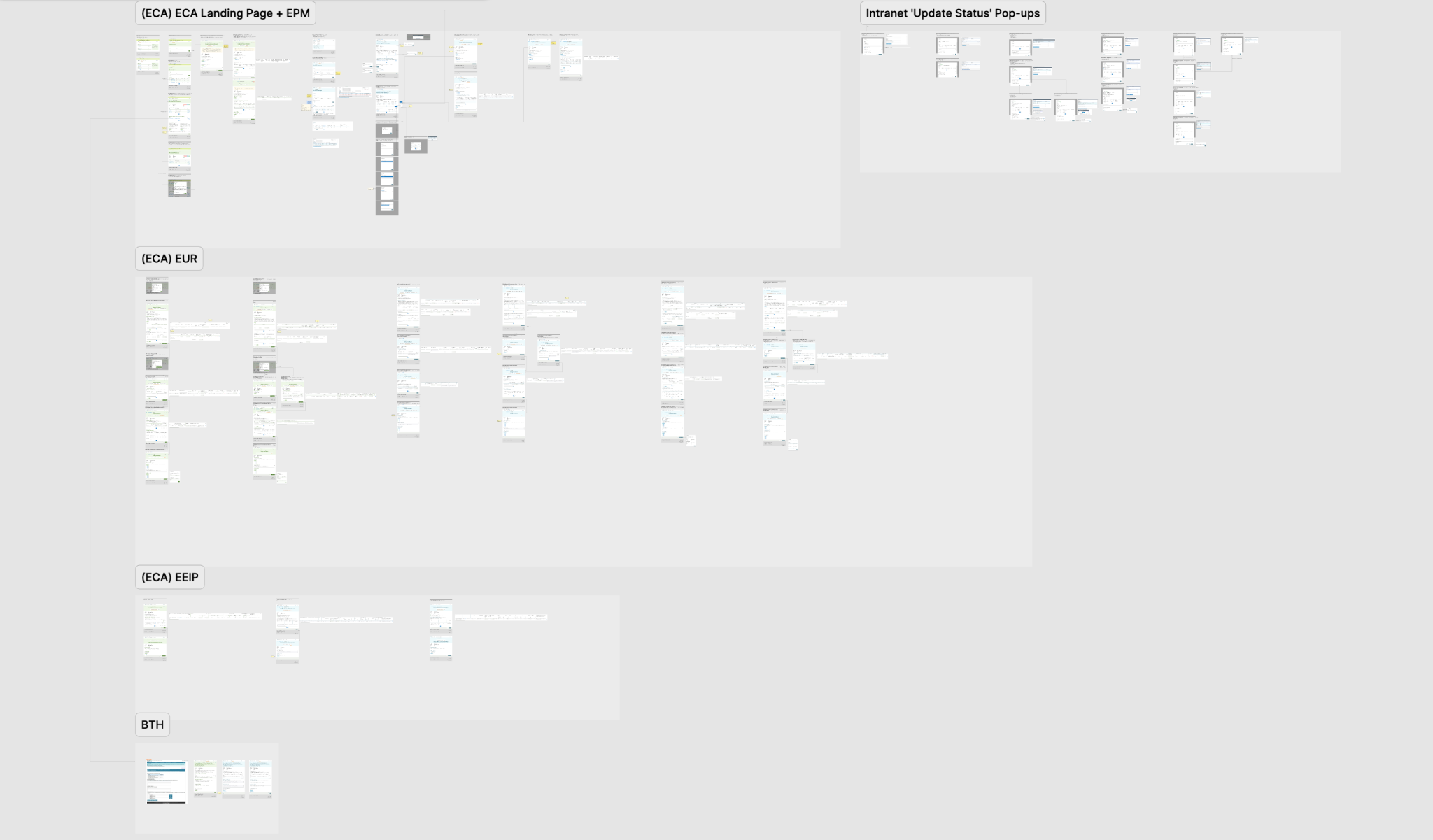 Figma canvas showing groups of reporting screens and supporting interaction states.